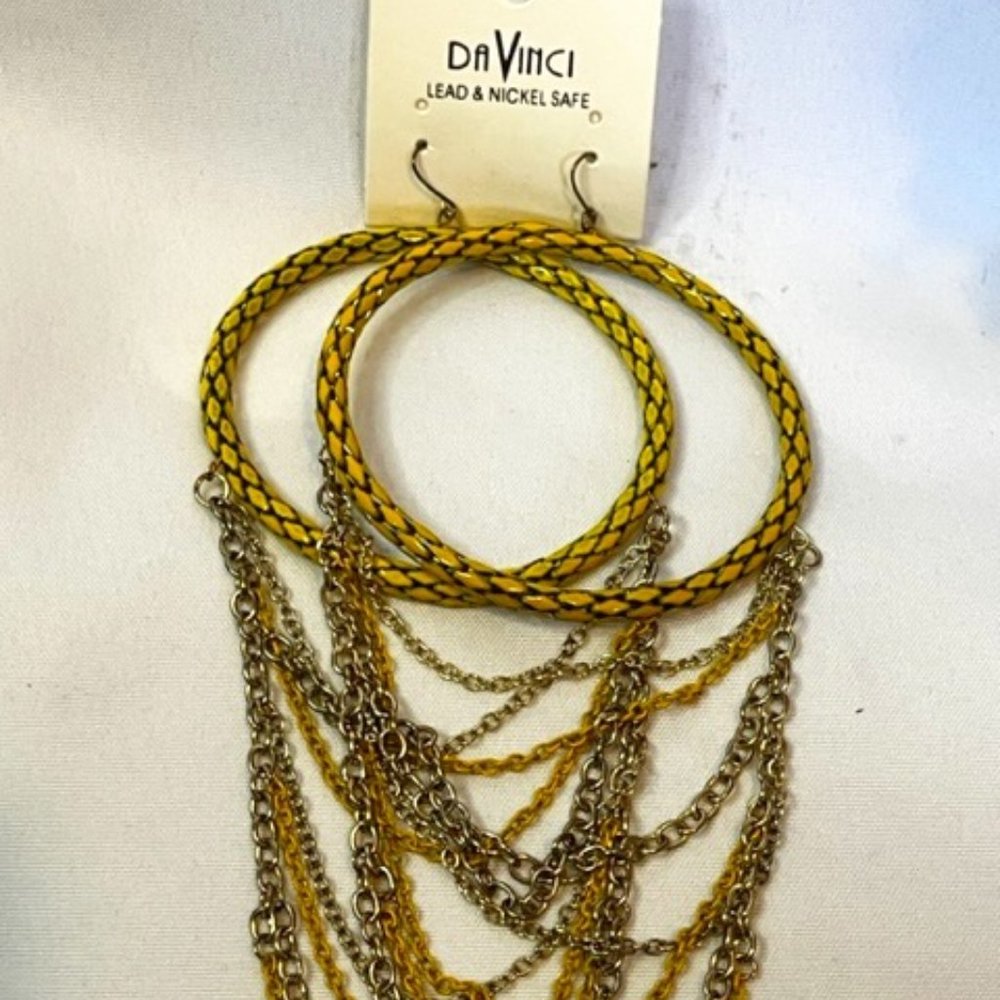 Yellow DaVinci Large Hoop Earrings with Hanging Chains.
